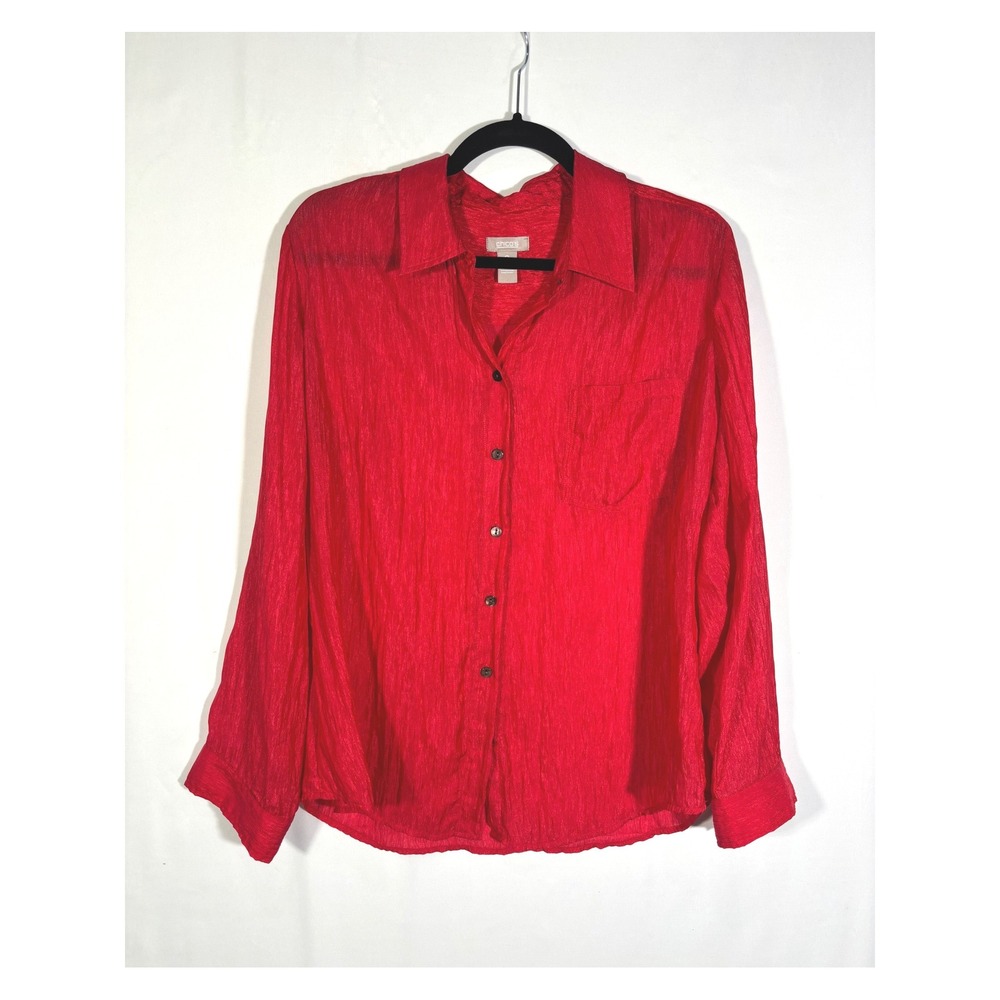 Chic Business Boho Textured Crinkle Chico's Button Down Shirt Womens Size 2 Red